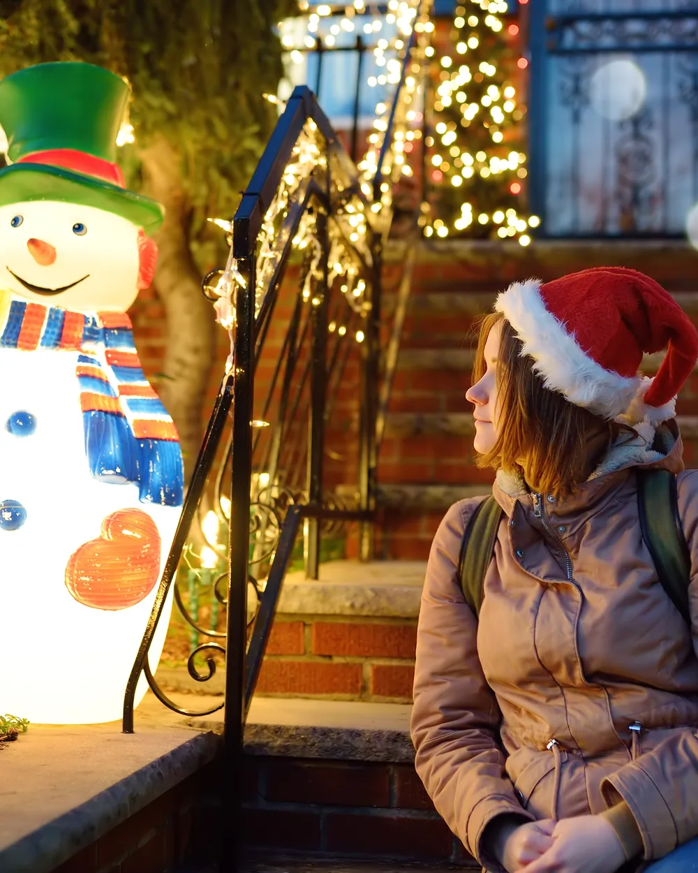 Cozy home decorated for the holidays at night