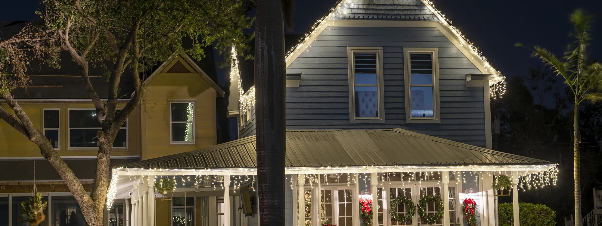 Neighborhood of homes lit for the holidays