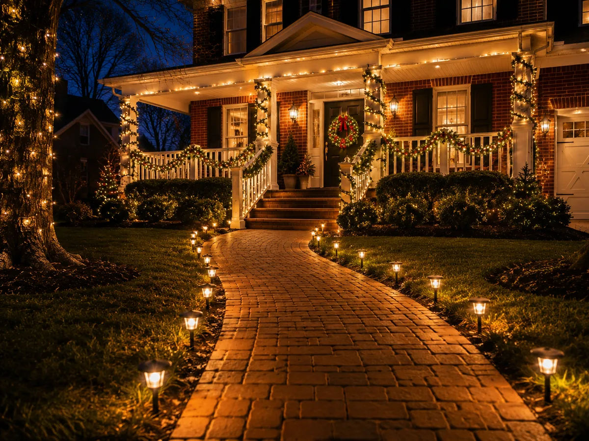 Lit walkway and porch